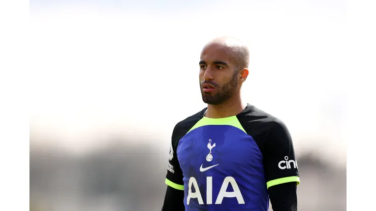 LEYLAND, ENGLAND - APRIL 15: Lucas Moura of Tottenham Hotspur looks on during the Premier League 2 match between Blackburn Rovers and Tottenham Hotspur at Leyland County Ground on April 15, 2023 in Leyland, England. (Photo by Lewis Storey/Getty Images)
