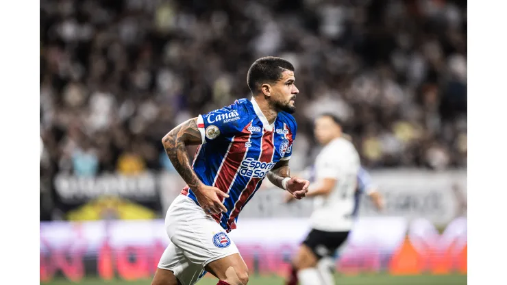 Cauly jogador do Bahia comemora seu gol durante partida contra o Corinthians no estadio Arena Corinthians pelo campeonato Brasileiro A 2023. Foto: Abner Dourado/AGIF
