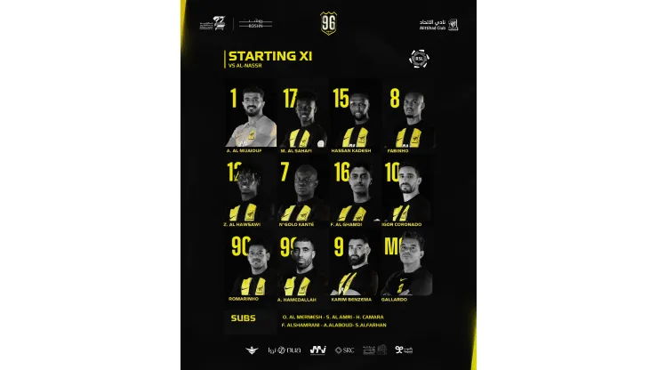 La alineación y el banco de suplentes de Al Ittihad (ittihad_en).