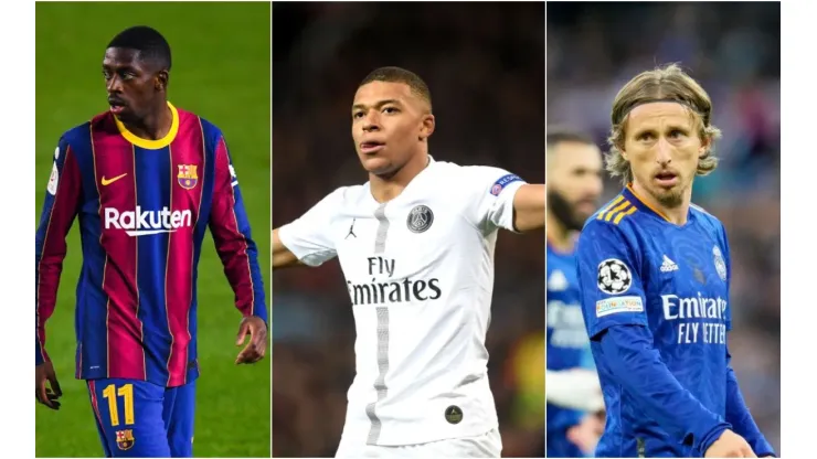 Foto: Jean Catuffe/Getty Images;  David Ramos/Getty Images - Mbappe pelo PSG, Dembele pelo Barcelona e Modric pelo Real Madrid
