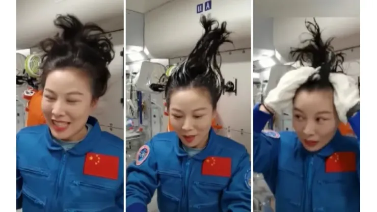 Astronauta chinesa mostra como lavar o cabelo no espaço - Imagem: Reprodução/CNSA – Estação Espacial Nacional da China
