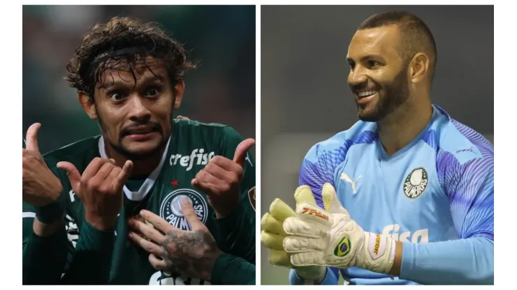 Montagem: fotos de Cesar Greco/Ag. Palmeiras - Scarpa "armou" zoeira no vestiário do Palmeiras e até Weverton caiu na gargalhada
