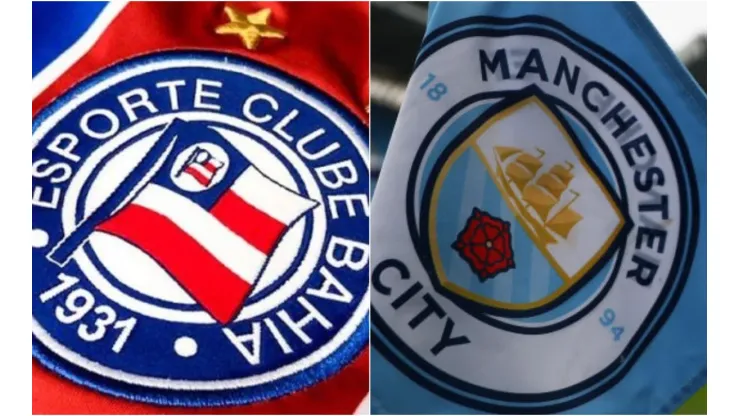 Foto: Bahia/Divulgação; Matthew Lewis/Getty Images - Escudo do Bahia e bandeira do Manchester City
