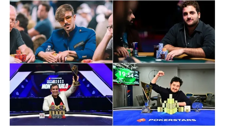 Yuri Martins, João Simão, Marcelo Mesqueu e Rodrigo Seiji, qual brasileiro teve o melhor resultado em 2022 no poker? (Fotos: Hayley Hochstetler, Danny Maxwell e Tomas Stacha/WSOP e PokerSars)
