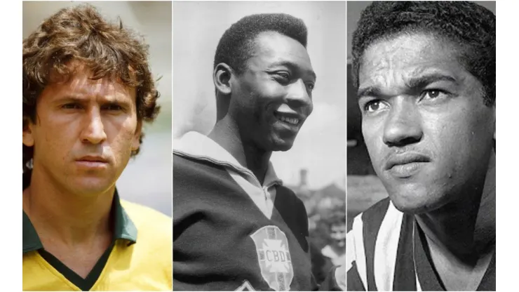 Fotos: Mike King/Keystone/Getty Images; Botaofogo/Divulgação - Zico, Pelé e Garrincha
