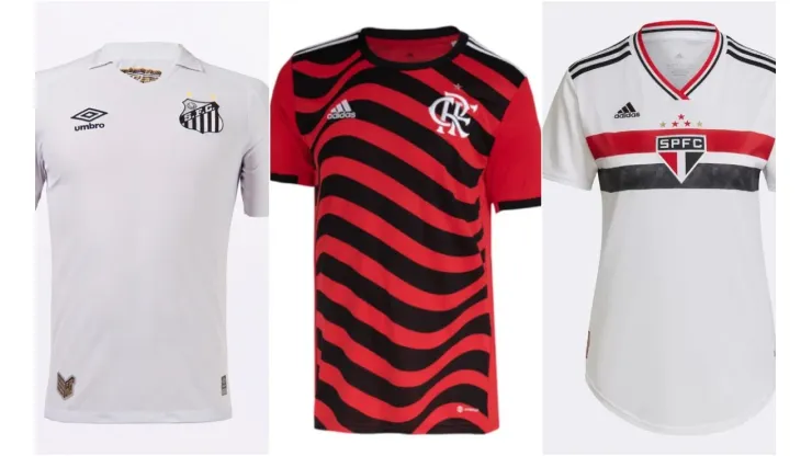 Foto: Divulgação/Santos, Flamengo e São Paulo - Camisas oficiais dos clubes
