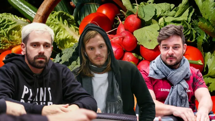 Felipe Boianovsky, Alisson Piekazewicz e Fabiano Kovalski (direita para esquera) são jogadores de poker e veganos (Fotos: Montagem com fundo de Reprodução/Pixabay, Divulgação/BSOP, Seth Hausler/PokerNews)
