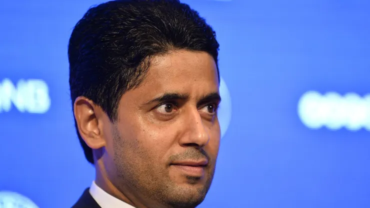 PARIS, FRANCE - SEPTEMBER 06:  Paris Saint-Germain President Nasser Al Khelaifi answers journalists during a press conference at Parc des Princes on September 6, 2017 in Paris, France. Kylian Mbappe signed a five year contract for 180 Million Euro.  (Photo by Aurelien Meunier/Getty Images)
