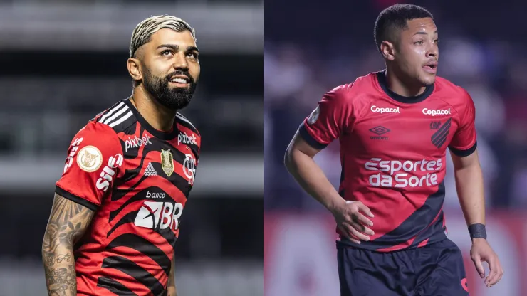 Foto: Abner Dourado/AGIF- Gabigol pelo Flamengo. Foto: Ettore Chiereguini/AGIF- Vitor Roque pelo Athletico-PR
