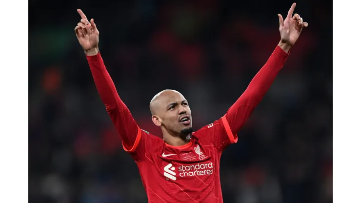 LONDON, ENGLAND - FEBRUARY 27: Fabinho of Liverpool celebrates following their team's victory in the penalty shoot out  during the Carabao Cup Final match between Chelsea and Liverpool at Wembley Stadium on February 27, 2022 in London, England. (Photo by Shaun Botterill/Getty Images)
