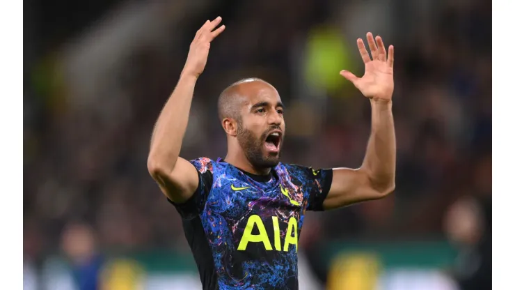 BURNLEY, ENGLAND - OCTOBER 27: Spurs player Lucas Moura celebrates his winning goal during the Carabao Cup Round of 16 match between Burnley and Tottenham Hotspur at Turf Moor on October 27, 2021 in Burnley, England. (Photo by Stu Forster/Getty Images)
