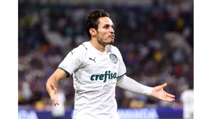 ABU DHABI, UNITED ARAB EMIRATES - FEBRUARY 12: Raphael Veiga of Palmeiras celebrates after scoring their team's first goal during the FIFA Club World Cup UAE 2021 Final match between Chelsea and Palmeiras at Mohammed Bin Zayed Stadium on February 12, 2022 in Abu Dhabi, United Arab Emirates. (Photo by Francois Nel/Getty Images)
