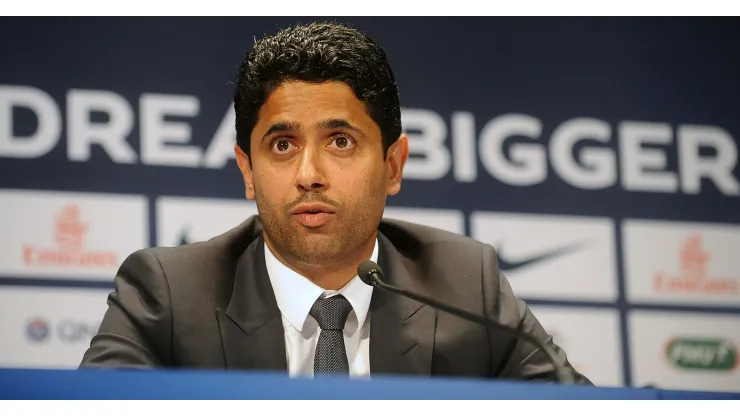 PARIS, FRANCE - JULY 16: Paris Saint-Germain's (PSG) chairman Nasser Al-Khelaifi speaks during a press conference on July 16, 2013 in Paris, France. Cavani's transfer to Paris Saint-Germain football club is reported to have cost in the region of £55m.  (Photo by Antoine Antoniol/Getty Images)
