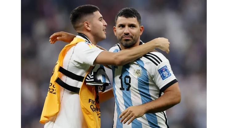 LUSAIL CITY, QATAR - DECEMBER 18: Sergio Aguero former Argentine player (R) hugs Exequiel Palacios of Argentina after winning the FIFA World Cup Qatar 2022 Final match between Argentina and France at Lusail Stadium on December 18, 2022 in Lusail City, Qatar. (Photo by Clive Brunskill/Getty Images)
