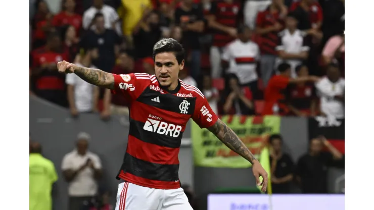 DF - BRASILIA - 01/11/2023 - BRASILEIRO A 2023, FLAMENGO X SANTOS - Pedro jogador do Flamengo comemora seu gol durante partida contra o Santos no estadio Mane Garrincha pelo campeonato Brasileiro A 2023. Foto: Mateus Bonomi/AGIF
