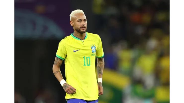 AL RAYYAN, QATAR - DECEMBER 09: Neymar of Brazil looks on during the FIFA World Cup Qatar 2022 quarter final match between Croatia and Brazil at Education City Stadium on December 09, 2022 in Al Rayyan, Qatar. (Photo by Lars Baron/Getty Images)
