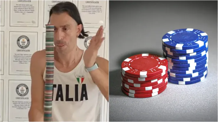 Rocco Mercurio equilibrou grande número de fichas de poker em um único dedo
