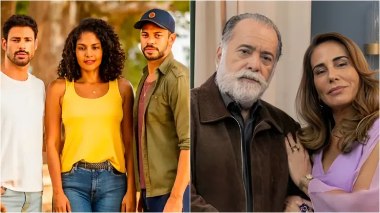 Caio, Aline, Jonatas, Antônio e Irene em Terra e Paixão - Fotos: Reprodução/Rede Globo.
