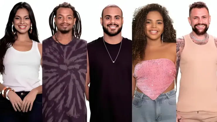 Alane, Luigi, Marcus Vinicius, Giovanna Pitel e Vinicius Rodrigues estão no paredão do BBB 24 - Fotos: Reprodução/Globo
