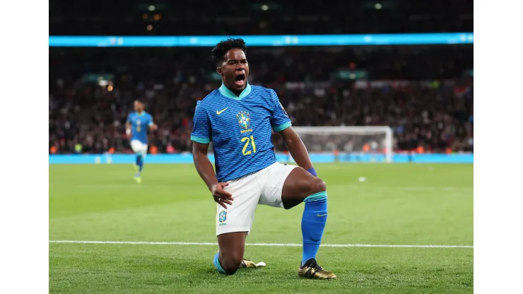 LONDON, ENGLAND - MARCH 23: Endrick of Brazil celebrates scoring the first goal during the international friendly match between England and Brazil at Wembley Stadium on March 23, 2024 in London, England. (Photo by Catherine Ivill/Getty Images)
