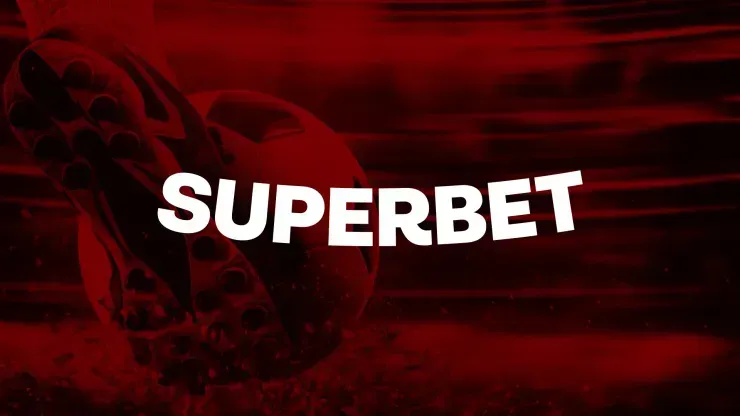 Imagem em tons de vermelho e preto, com chuteira e bola de futebol, e logo da Superbet em branco ao centro