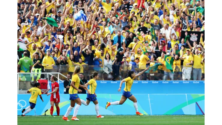 SAO PAULO, BRAZIL - AUGUST 19:  Beatriz of Brazil celebrates scoring during the Women's Olympic Football Bronze Medal match between Brazil and Canada at Arena Corinthians on August 19, 2016 in Sao Paulo, Brazil.  (Photo by Alexandre Schneider/Getty Images)
