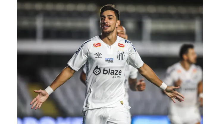 Pedrinho jogador do Santos comemora seu gol durante partida contra o Paysandu no estadio Vila Belmiro pelo campeonato Brasileiro B 2024. Foto: Reinaldo Campos/AGIF
