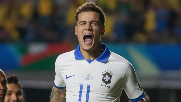 Philippe Coutinho comemorando gol em partida entre Brasil e Bolívia, no Estádio Morumbis, pela Copa América de 2019, no dia 14/06. 
