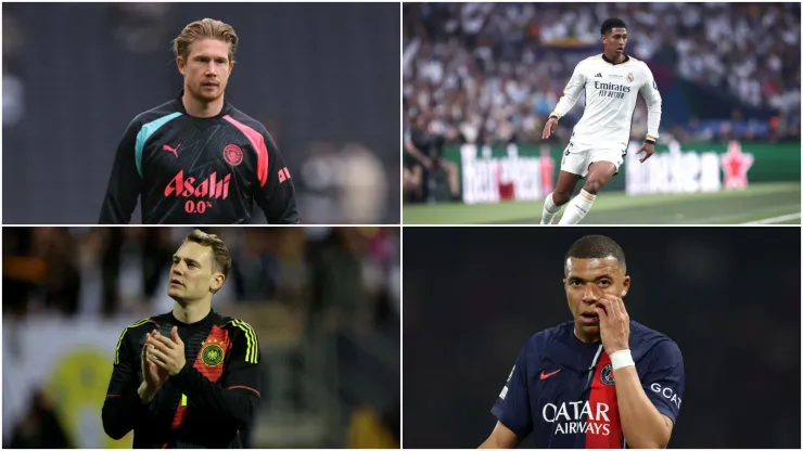 FOTOS: De Bruyne (Julian Finney/Getty Images); Bellingham (Alex Pantling/Getty Images); Manuel Neuer (Alexander Hassenstein/Getty Images); Mbappé (Richard Heathcote/Getty Images).
