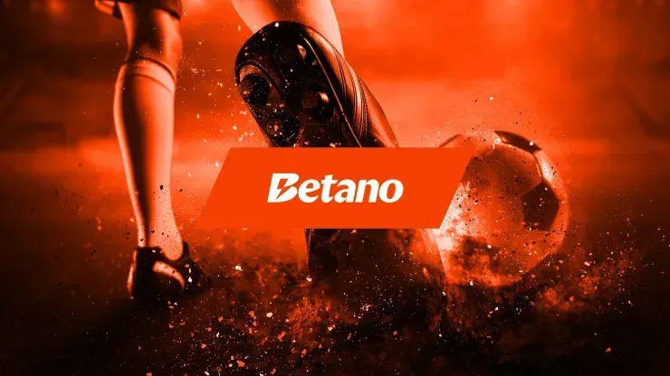 Imagem em tons de laranja, com grande plano de atleta com chuteiras e bola de futebol, e logo da Betano