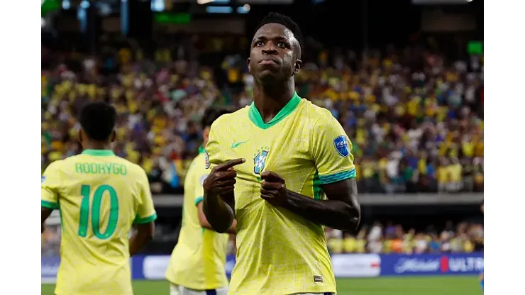 LAS VEGAS, NEVADA - JUNE 28: Vinicius Junior of Brazil celebrates after scoring the team's first goal during the CONMEBOL Copa America 2024 Group D match between Paraguay and Brazil at Allegiant Stadium on June 28, 2024 in Las Vegas, Nevada. (Photo by Kevork Djansezian/Getty Images)
