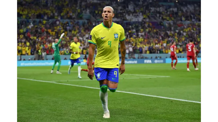 LUSAIL CITY, QATAR - NOVEMBER 24: Richarlison of Brazil celebrates after scoring their team's first goal during the FIFA World Cup Qatar 2022 Group G match between Brazil and Serbia at Lusail Stadium on November 24, 2022 in Lusail City, Qatar. (Photo by Justin Setterfield/Getty Images)
