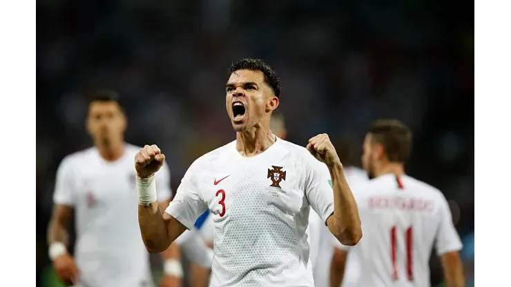 SOCHI, RUSSIA - JUNE 30:  Pepe of Portugal celebrates after scoring his team's first goal during the 2018 FIFA World Cup Russia Round of 16 match between Uruguay and Portugal at Fisht Stadium on June 30, 2018 in Sochi, Russia.  (Photo by Julian Finney/Getty Images)
