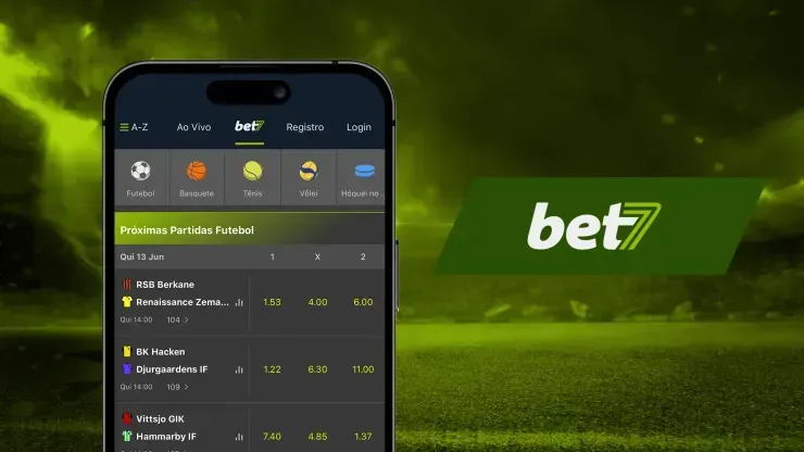 Imagem com fundo em tons de verde, celular com odds para próximas partidas de futebol, e logo da Bet7 à direita