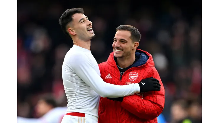 LONDON, ENGLAND - JANUARY 20: Gabriel Martinelli of Arsenal celebrates with teammate Cedric Soares following the team's victory during the Premier League match between Arsenal FC and Crystal Palace at Emirates Stadium on January 20, 2024 in London, England. (Photo by Shaun Botterill/Getty Images)
