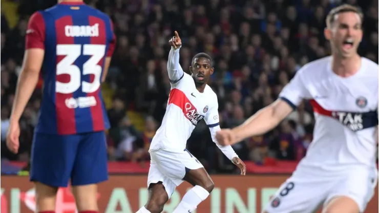 Ousmane Dembele comemora gol pelo PSG em partida diante do Barcelona. (Photo by David Ramos/Getty Images)
