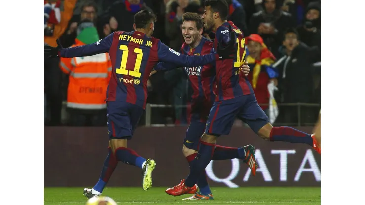 Liga BBVA match between FC Barcelona (Barca) and Villarreal CF. In this picture, Lionel Messi celebrates after scoring for Barcelona with Neymar and Rafinha Alcantara . xFRANCESCxADELANTADOx PUBLICATIONxINxGERxAUTxHUNxONLY League BBVA Match between FC Barcelona Barca and Villarreal CF in This Picture Lionel Messi Celebrates After Scoring for Barcelona with Neymar and Rafinha Alcantara PUBLICATIONxINxGERxAUTxHUNxONLY 