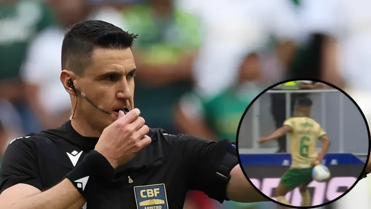 Árbitro Rodrigo Klein concordou com orientação do VAR e não deu pênalti de Vanderlan a favor do Vasco - Fotos: César Greco/Ag. Palmeiras e Reprodução/Band 
