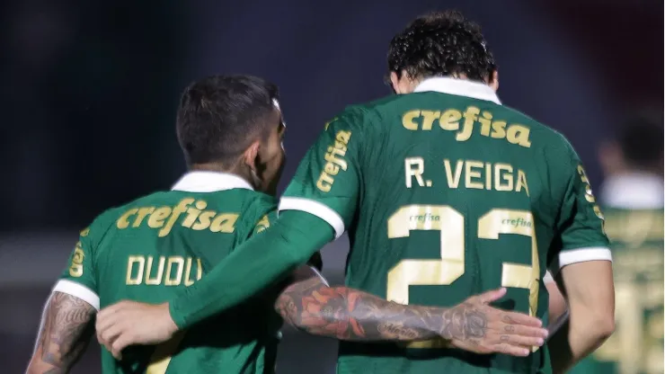 SP - CAMPINAS - 28/09/2024 - BRASILEIRO A 2024, PALMEIRAS X ATLETICO-MG - Raphael Veiga jogador do Palmeiras comemora seu gol com Dudu jogador da sua equipe durante partida contra o Atletico-MG no estadio Brinco de Ouro pelo campeonato Brasileiro A 2024. Foto: Ettore Chiereguini/AGIF
