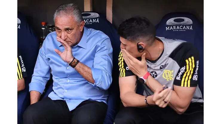 Tite coach of Flamengo talk to his son and assistant coach Matheus Bacci prior to the match between Flamengo and Palmeiras as part of Brasileirao 2024 at Maracana Stadium on August 11, 2024 in Rio de Janeiro, Brazil. 