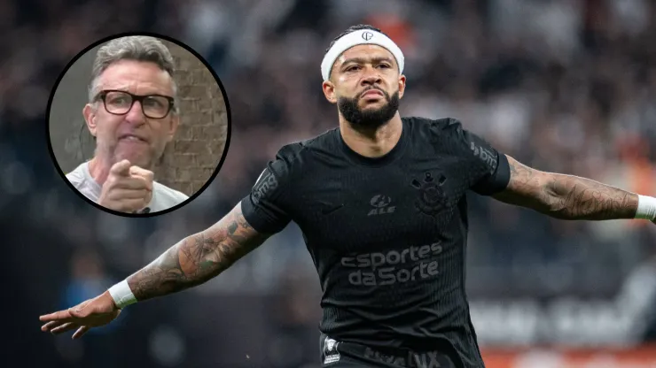 Depay agradece Neto após gol - TheNews2/IMAGO (foto grande) - Reprodução/TV Bandeirantes (foto pequena).