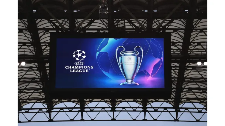 MILAN, ITALY - MAY 10:  A detailed view of the LED Screen on the inside of the stadium as it displays the UEFA Champions League logo prior to the UEFA Champions League semi-final first leg match between AC Milan and FC Internazionale at San Siro on May 10, 2023 in Milan, Italy. (Photo by Marco Luzzani/Getty Images)
