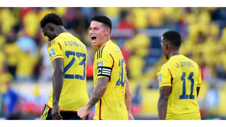 James Rodriguez (R) of Colombia reacts during a FIFA World Cup 2026 Qualifier match between Colombia and Uruguay at Roberto Melendez Metropolitan Stadium on October 12, 2023 in Barranquilla, Colombia. (Photo by Gabriel Aponte/Getty Images)
