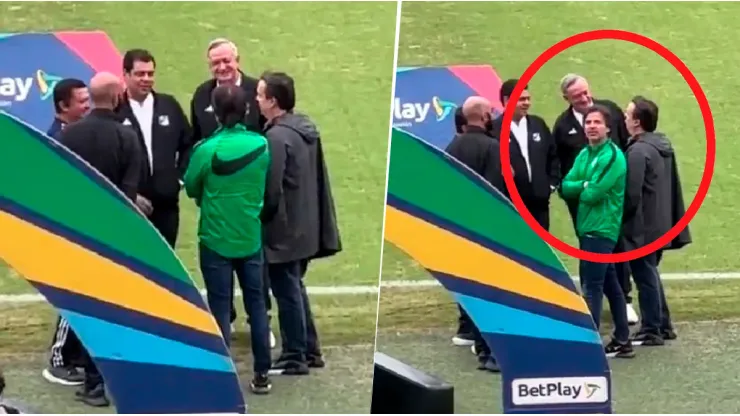 Dirigentes de Atlético Nacional y Millonarios conversan en el estadio Atanasio Girardot de Medellín.
