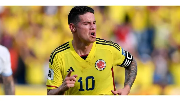 James Rodriguez of Colombia celebrates after scoring the first goal of his team during a FIFA World Cup 2026 Qualifier match between Colombia and Uruguay at Roberto Melendez Metropolitan Stadium on October 12, 2023 in Barranquilla, Colombia. (Photo by Gabriel Aponte/Getty Images)
