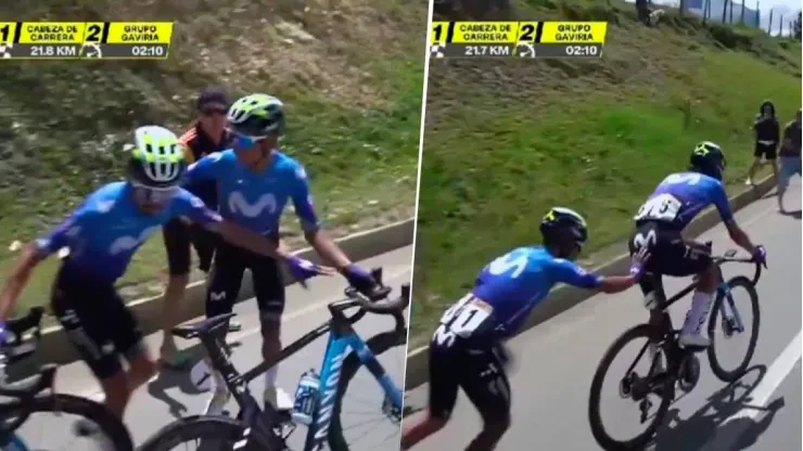 Nairo Quintana ayudando a su compañero Iván Sosa.
