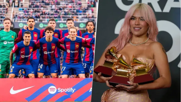 Jugadores del Barcelona y la cantante karol G.
