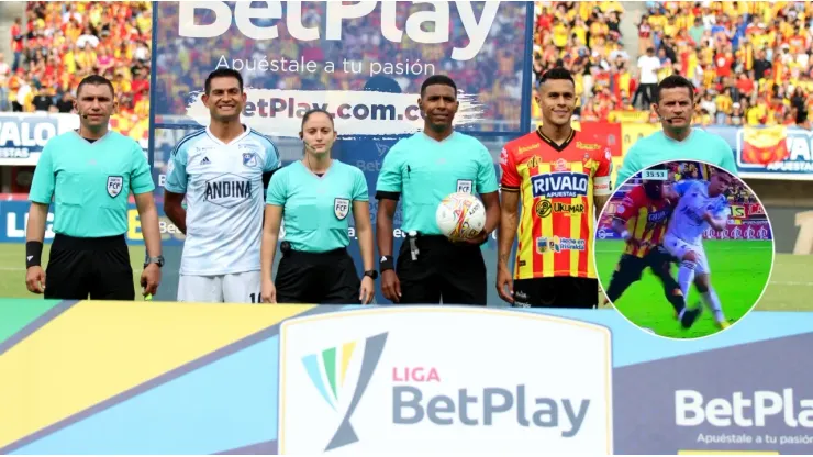 Luis Delgado, arbitro con los capitanes Juan David Ríos de Deportivo Pereira y David Mackalister Silva de Millonarios en la Liga BetPlay DIMAYOR I 2024.
