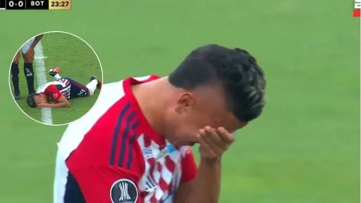 Víctor Cantillo, jugador del Junior, llorando, tras salir lesionado ante Botafogo.
