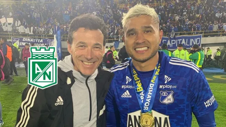 Pablo Jacobsen y Larry Vásquez festejando el título de Millonarios.
